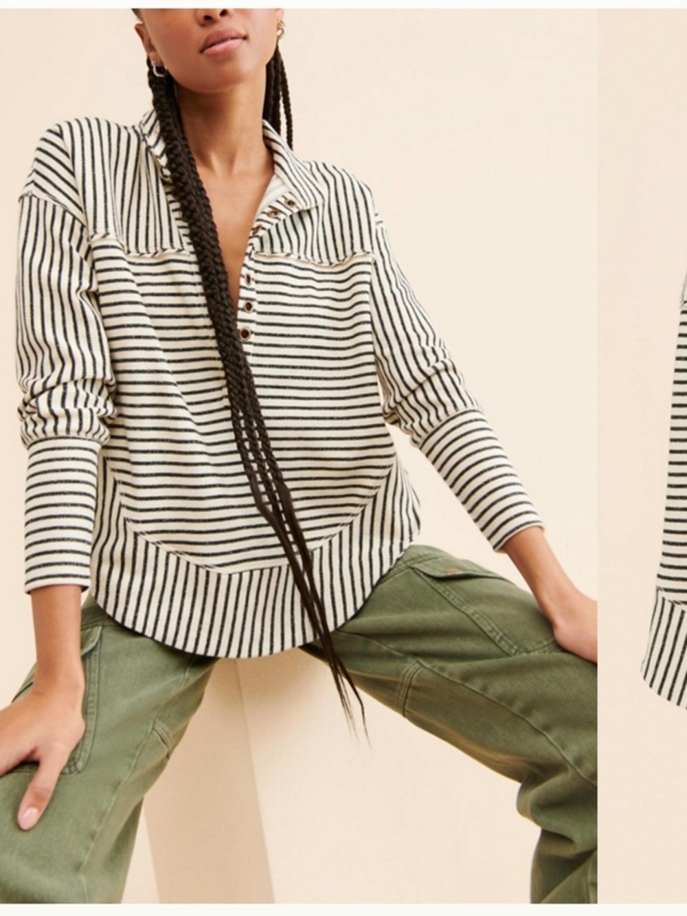 Anthropologie Pilcro Spliced Henley Top Neutral Striped Sz S